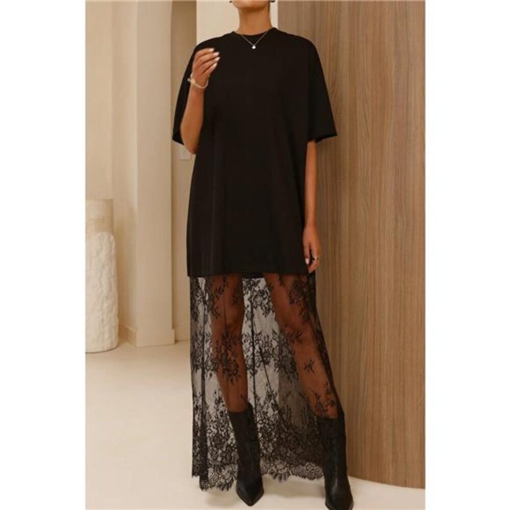 Floral Patchwork Short Sleeve T Shirt Loose Maxi Dress